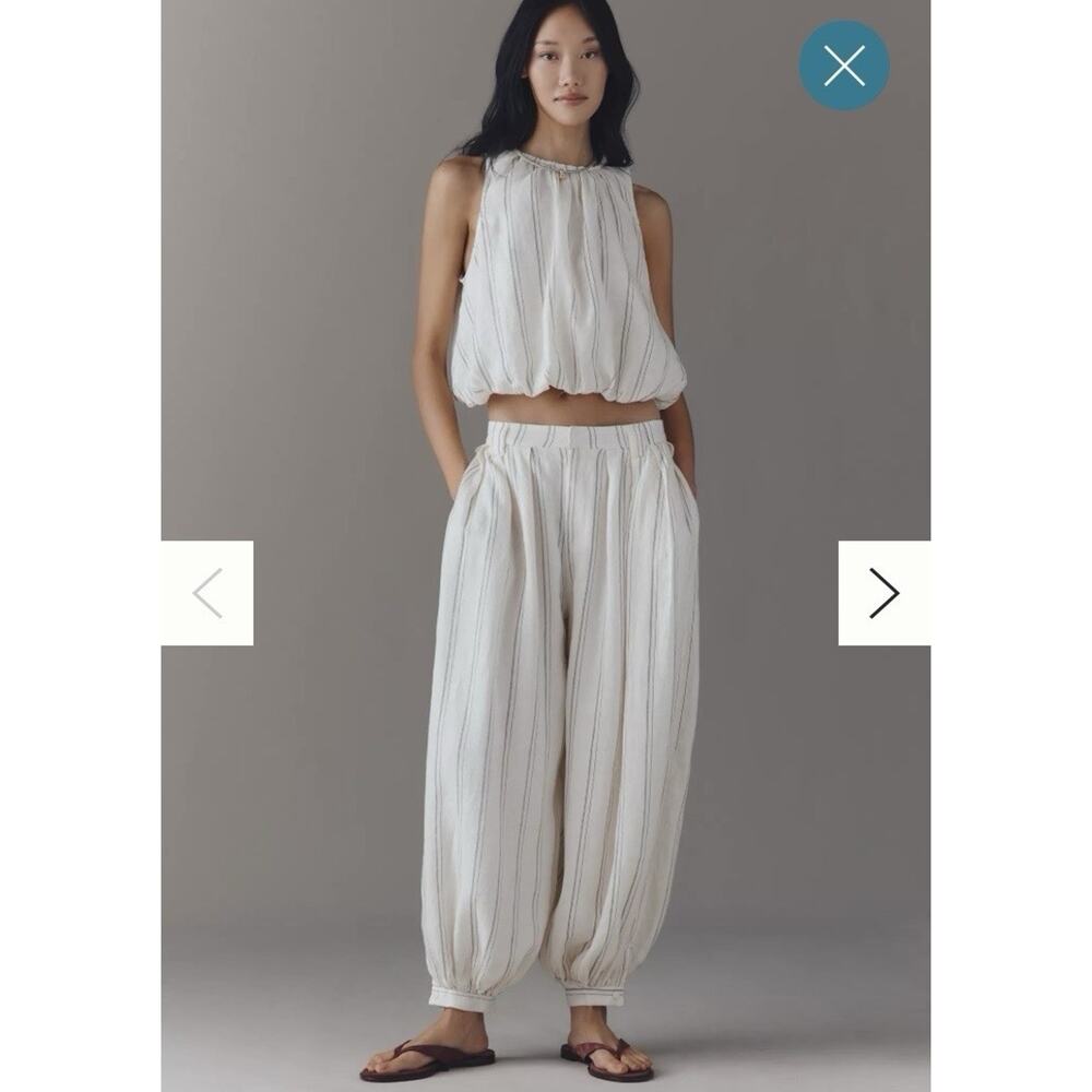 Anthropologie Modern Genie Balloon Harem Bubble Linen Ivory Stripe Boho Pants 2